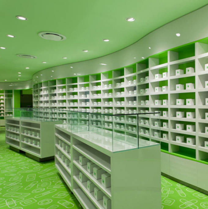 Fashionable Pharmacy Display , Green Retail Pharmacy Shelving