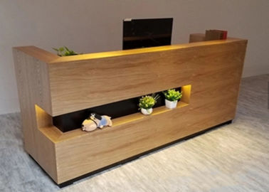 China Simple Modern Wood Reception Desk L Shaped Corner Middle Groove Led Light supplier