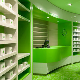 Fashionable Pharmacy Display Cabinet , Green Retail Pharmacy Shelving Multi Combination supplier